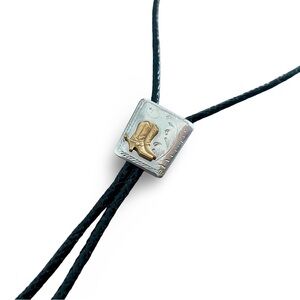 Western Bolo Tie with Gold Boot Accent on Black Round Braided Neck Cord